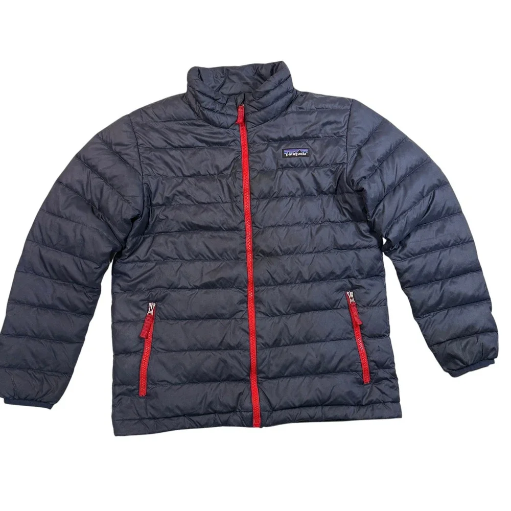 Patagonia Kids Down Sweater Jacket Navy Blue Red Full Zip Puffer Size M 10 Youth